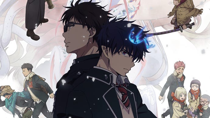 A poster for Blue Exorcist showing the main cast in various poses.