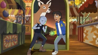 Infinity Train season 2 key art showing MT, a chrome-looking teen girl with a shaved head, stood in a doorway portal with Jesse, a highschooler wearing a varsity jacket with a glowing number on his hand, and a deer.