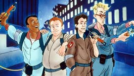 A poster of the main cast from The Real Ghostbusters stood in a street at night.